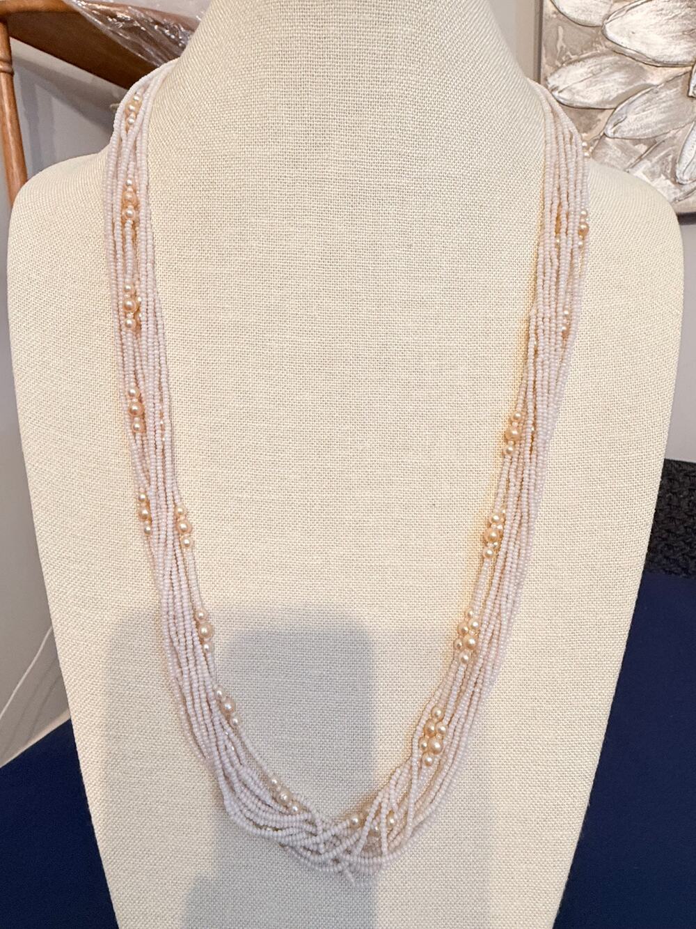 Vintage 30” Multi Strand Faux Pearl & Seed Bead Necklace